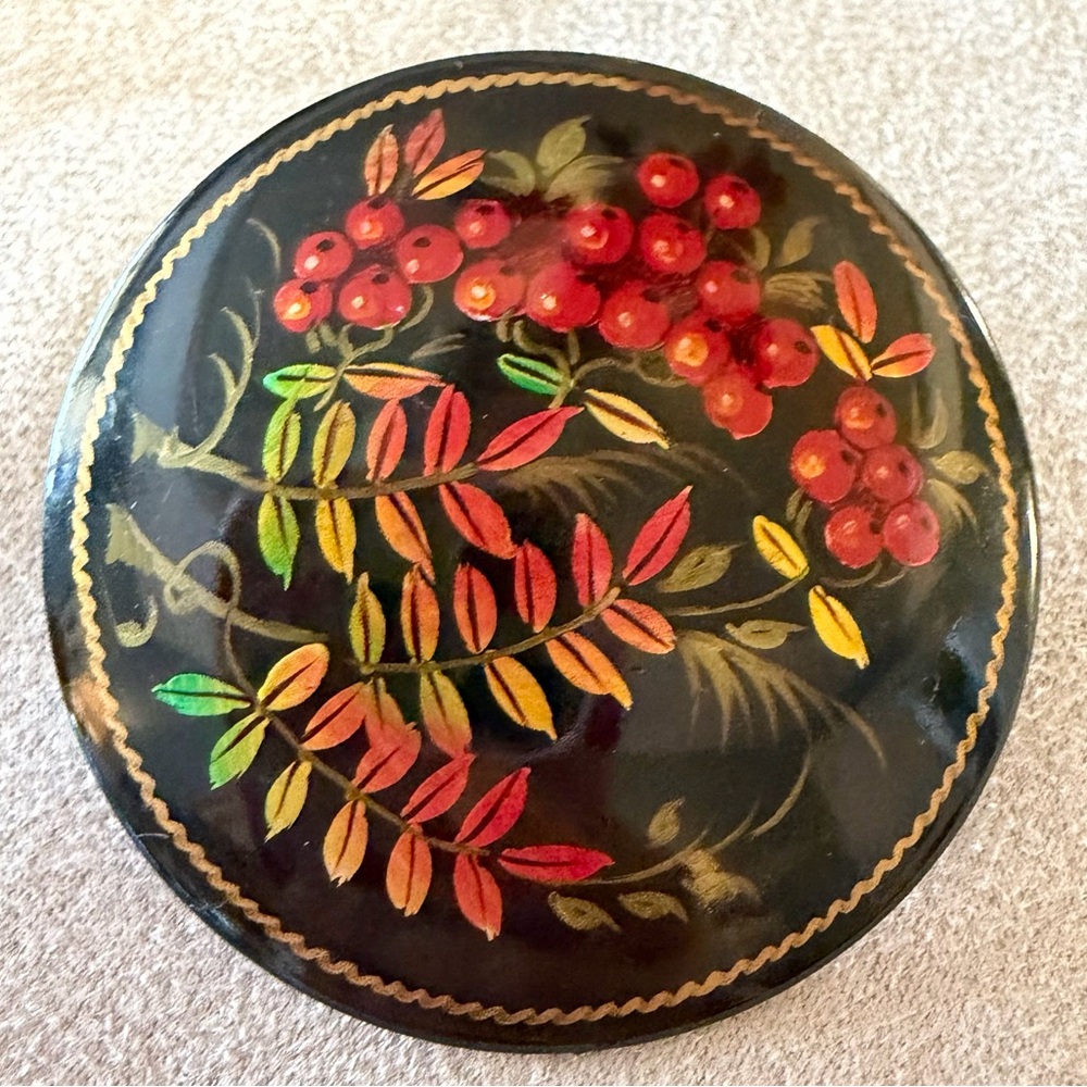 Vintage Russian Handpainted Lacquer Brooch, Signed, Beautiful Christmas Floral